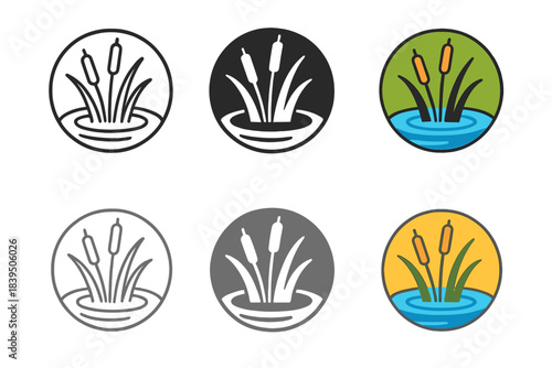 Cattail Harmony Emblem. Abstract circular emblem combining cattail silhouettes, ripples, and soft gradients, representing harmony