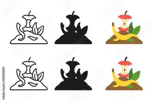 Geometric Compost Art. Minimal compost heap illustration with apple core, peel, and leaves layered geometrically, clear