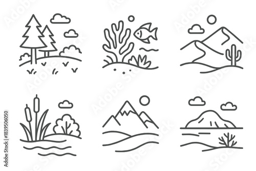 Wildlife Habitat Icons. Line style icons of Wildlife Habitats: forest clearing, coral reef, desert dunes, mountain peak, wetland