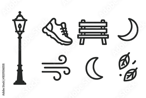 Evening Stroll Icons. Line style icons of Evening Strolls: street lamp, walking shoes, park bench, gentle breeze, crescent moon,