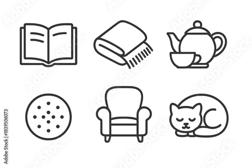 Cozy Afternoon Icons. Line style icons of Cozy Afternoons: book, blanket, tea pot, biscuit, armchair, cat nap. No text, No labels,