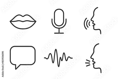 Voice Icon Collection. Line style icons of Human Voice: lips, microphone, echo curve, speech bubble, tone wave, whisper line. No
