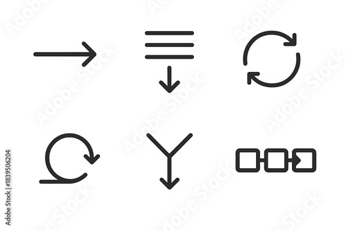 Data Flow Icons. Line style icons of Data Flow: input arrow, output stream, sync symbol, loop node, merge path, process chain. No
