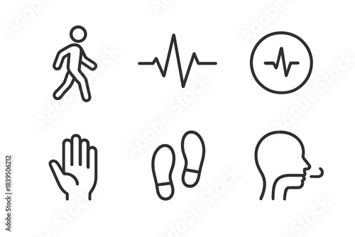 Conscious Motion Icons. Line style icons of Conscious Motion: walking line, heartbeat wave, pulse circle, hand gesture, rhythm