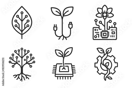 Organic Tech Icons. Line style icons of Organic Tech: leaf with circuit veins, root merging with cable, flower blooming from