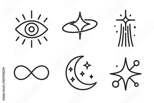 Cosmic Iconography. Line style icons of Cosmic Awareness: all-seeing eye, orbit halo, celestial beam, infinite loop, moon curve,