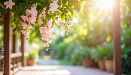 Pink flowers hang over wooden bench rustic wooden bench features vibrant pink blooms