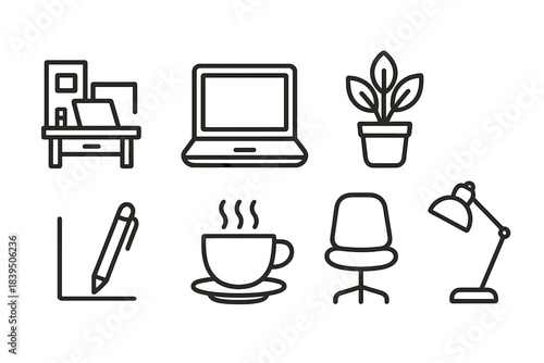Miniature Office Icons. Line style icons of Small Scale Life: miniature office, laptop and pen, desk plant, tea cup, chair
