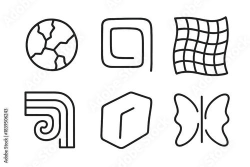Imperfect Geometry Icons. Line style icons of Imperfect Geometry: cracked pixel sphere, asymmetrical square loop, softly bent grid