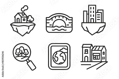 Little Realities Icons. Line style icons of Little Realities: floating island home, mini bridge, condensed skyline, pocket forest,