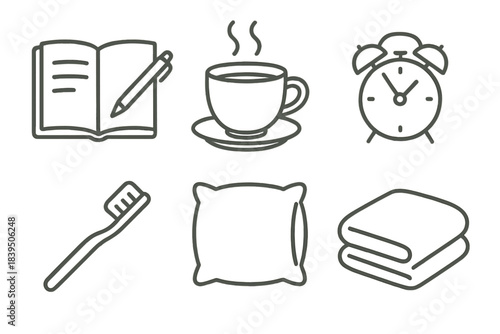 Soft Routine Icons. Line style icons of Soft Routine: open journal with pen, steaming tea cup, gentle alarm clock, toothbrush with