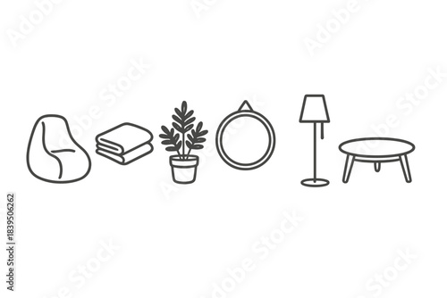 Serene Corners Icons. Line style icons of Serene Corners: bean bag chair, folded throw, potted fern, round mirror, simple floor