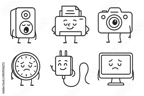 Humanized Device Icons. Line style icons of Humanized Devices: yawning speaker, proud printer, curious camera, moody clock, joyful