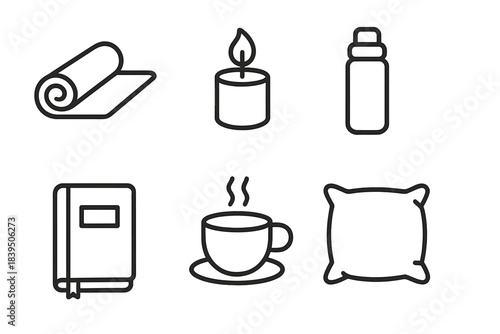 Wellness Routine Icons. Line style icons of Wellness Routine: yoga mat, candle, water bottle, journal, tea cup, pillow. No text,