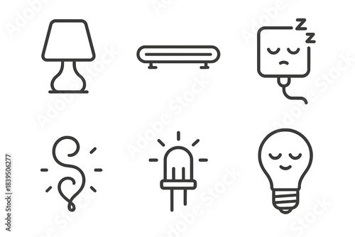 Quiet Light Icons. Line style icons of Quiet Lights: soft lamp, faint neon bar, sleeping socket, glowing thread, peaceful diode,