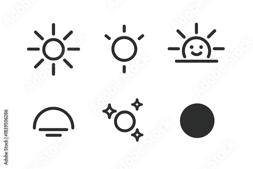 Spectrum of Mood Icons. Line style icons of Spectrum of Mood: radiant burst, dim glow, vibrant arc, fading light, soft shimmer,