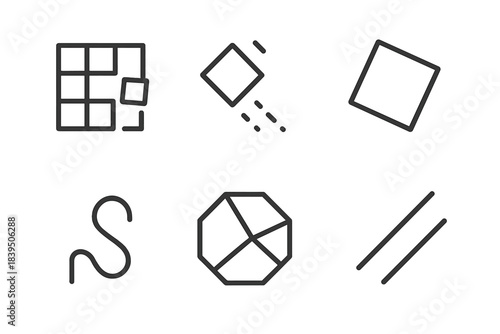 Controlled Chaos Icons. Line style icons of Controlled Disorder: disrupted grid, falling shape, rotated frame, bent path,