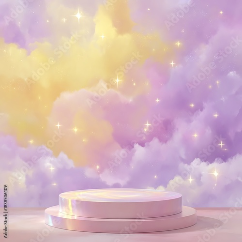 Pink and Purple Cloudscape with Sparkling Stars and Display Pedestal podium stage photo