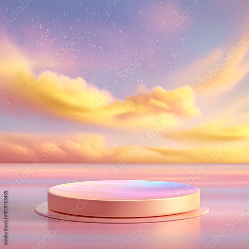 Pastel Pink Pedestal Against Dreamy Sunset Sky with Stars podium display photo