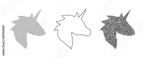 Three styles of unicorn head outline and fill ascii, line art, and grid pattern