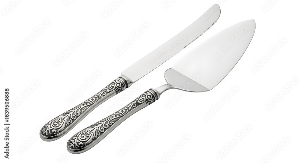 Fototapeta premium Elegant silver cake server and knife set with floral design isolated on transparent background