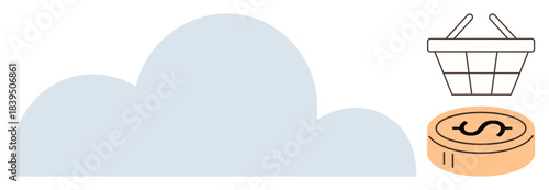 Cloud with basket and coin icon symbolizes online shopping, e-commerce, and digital payments. Ideal for technology, fintech, business, SaaS, modern economy cloud service simplified transactions. A