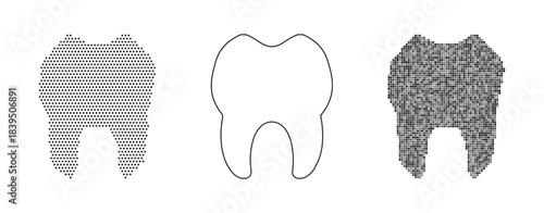 Three tooth icons in different textures patterned, outline, and grungy fill