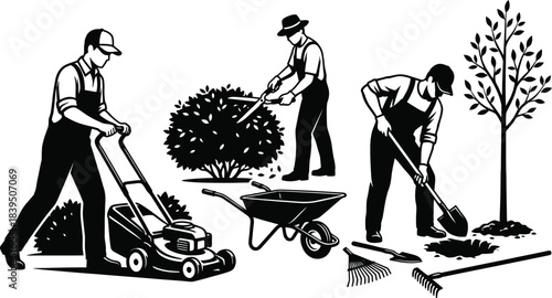 Gardening and Landscaping Service Black and White Vector Illustration