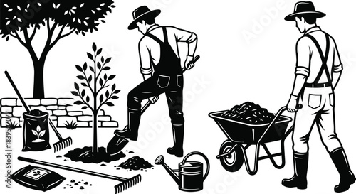 Gardening and Landscaping Service Black and White Vector Illustration