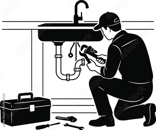 Plumbing repair service worker fixing pipe vector illustration