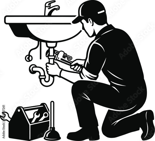 Plumbing repair service worker fixing pipe vector illustration