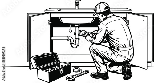 Plumbing repair service worker fixing pipe vector illustration