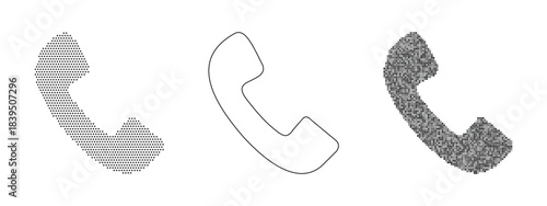 Three styles of telephone receiver icons halftone, outline, and pixelated