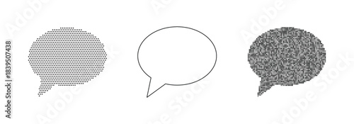 Three speech bubble icons dotted fill, outline, and pixelated fill