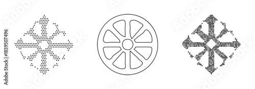 Three decorative black and white designs on a