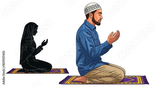 Muslim Man and Woman Praying on Prayer Rugs Islamic Devotion and Spirituality
