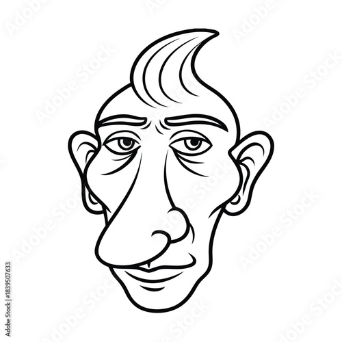Cartoon vector illustration of a man's face and head with an evil monster expression, black art design, tattoo, and comic sketch drawing character