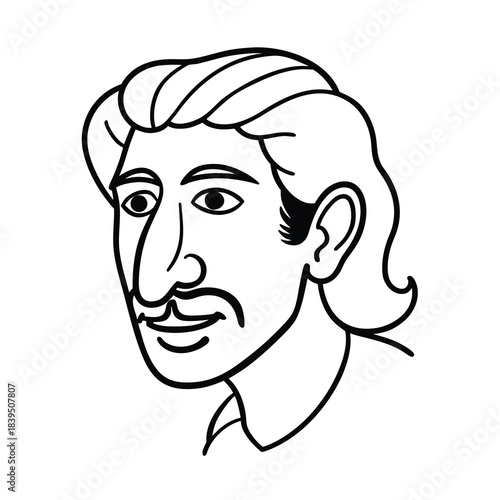 Vector cartoon illustration portrait of a man's face with a chef character design and evil expression, sketch art drawing with black hair, eyes, and mouth