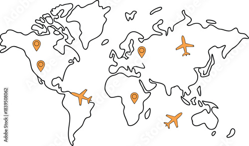 Minimal World Map with Airplane Icons – Global Travel Routes Line Illustration