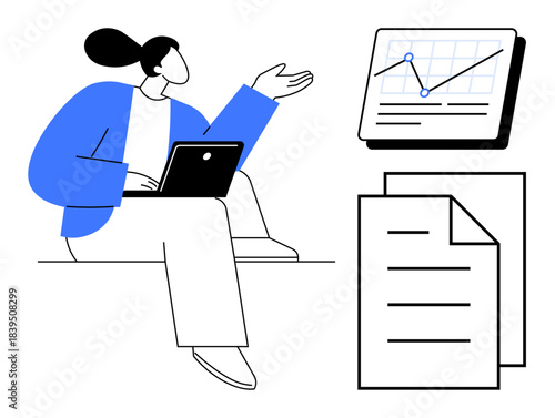 Woman using laptop, gesturing towards data chart and documents, symbolizing data analysis, business strategy, teamwork, digital marketing, project planning, education and communication. Simple flat
