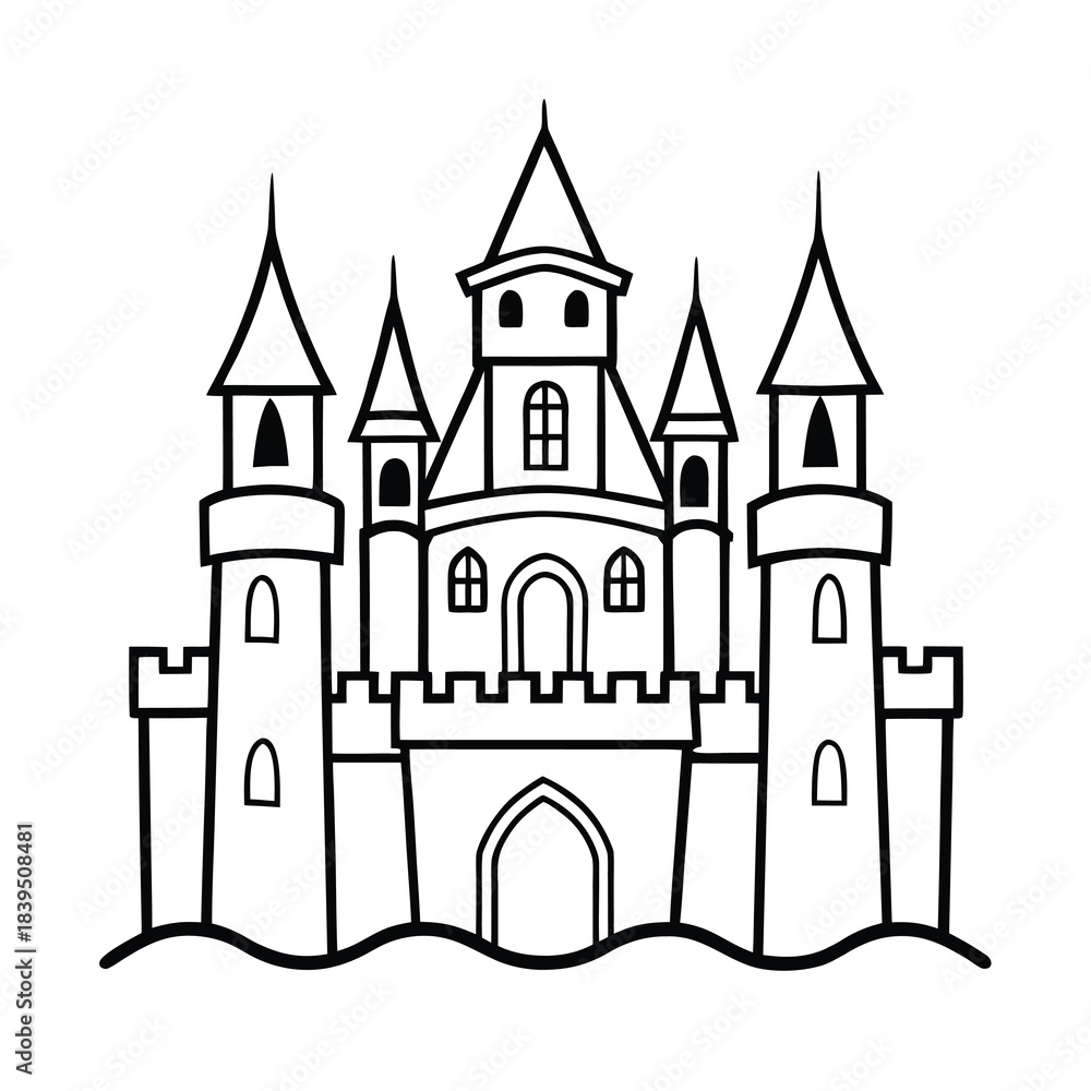 Fototapeta premium Fantasy medieval cartoon castle vector illustration with towers and flag design