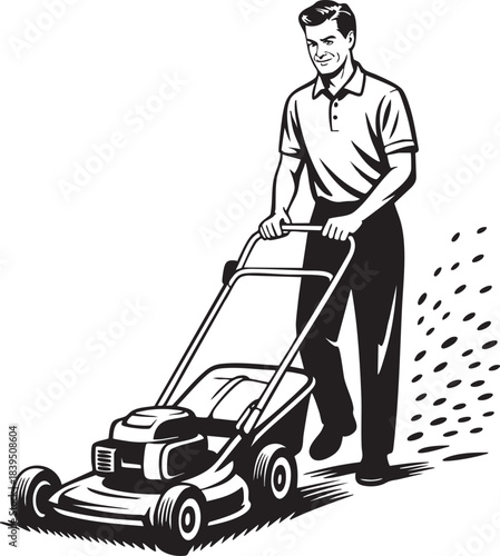 Man Mowing Lawn With Lawnmower Illustration