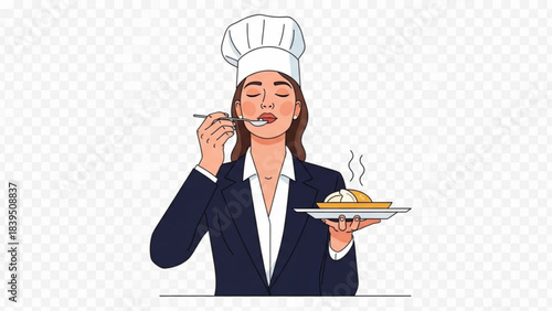 Female chef in suit tasting food from plate
