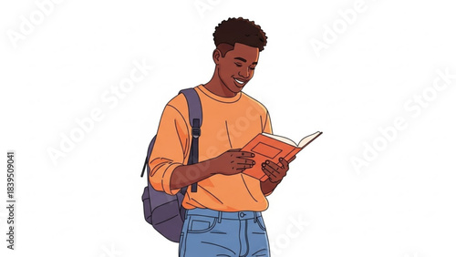 Smiling black male student reading a book with a backpack white