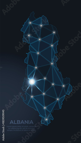Geometric low-poly vector depiction of Albania, showing illuminated cities and population clusters as sparkling dots and space-inspired stars. digital communication network