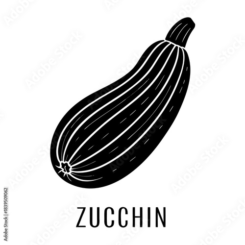Black and white illustration of a zucchini with text