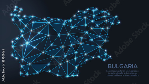 Geometric low-poly vector depiction of Bulgaria, showing illuminated cities and population clusters as sparkling dots and space-inspired stars. digital communication network