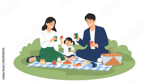 Family having a picnic outdoors with drinks and food, white