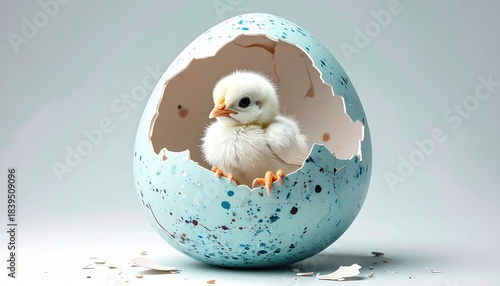 Baby bird sits inside cracked eggshell tiny hatchling emerging from shell in soft focus