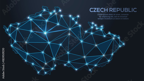 Geometric low-poly vector depiction of Czech, showing illuminated cities and population clusters as sparkling dots and space-inspired stars. digital communication network